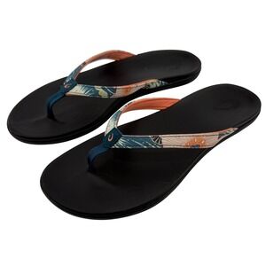 OluKai Ho'opio Sandals Flip Flops Teal Coral Tropical Women 7 Water Friendly